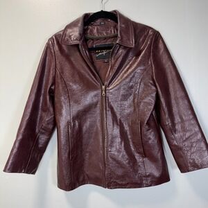 H.S.A. Leather Garments VTG Burgundy Genuine Leather Zip Up Jacket Womens Small